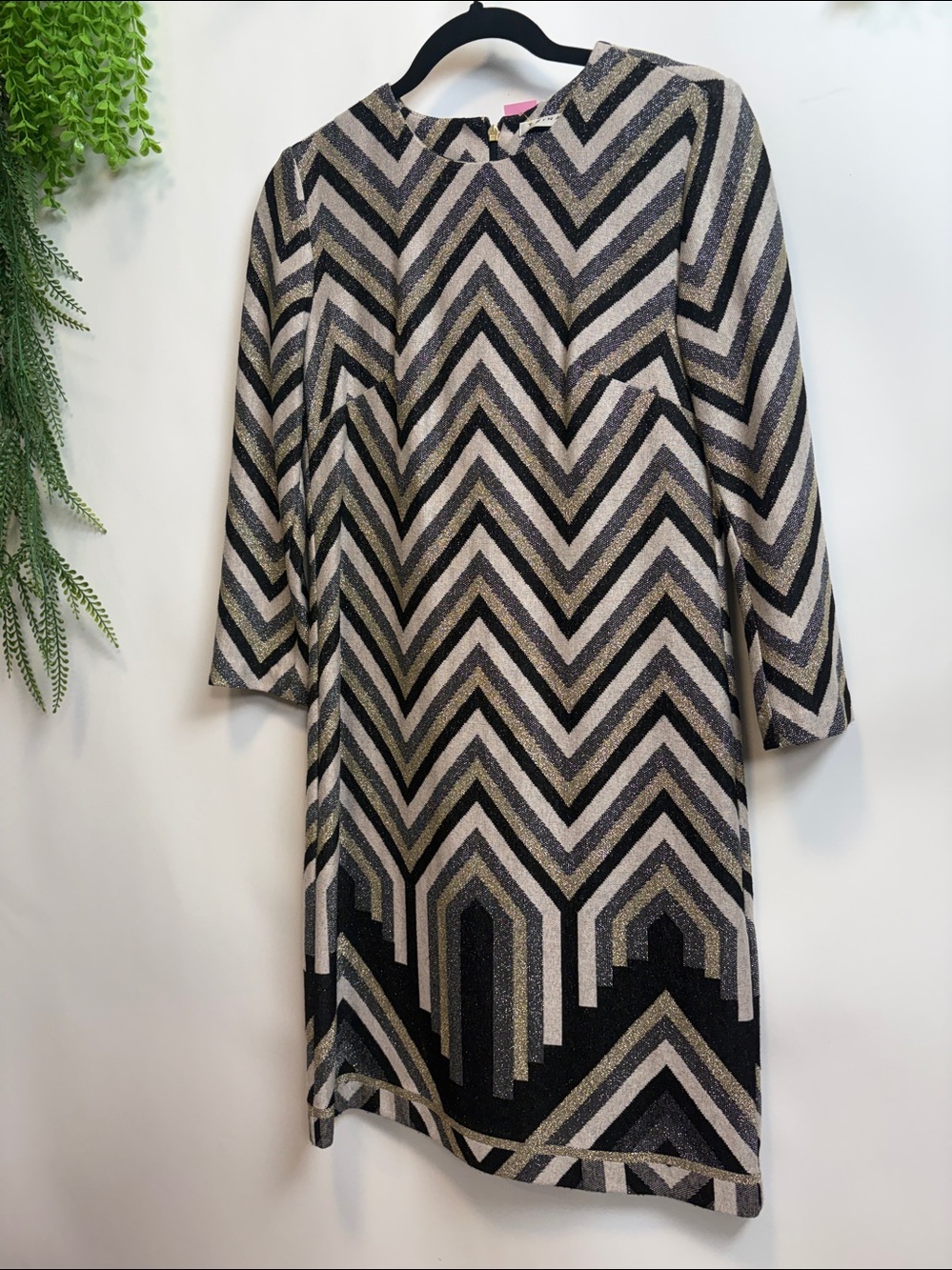 Trina Turk Chevron Metallic Shift Dress — Black, Gold & Silver
